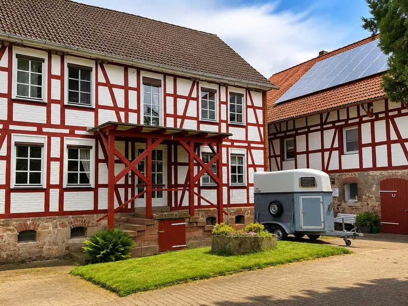 Historisches Fachwerkhaus FERIENHAUS Am Brunnen in Melgershausen – Außenansicht mit Pferdeanhänger