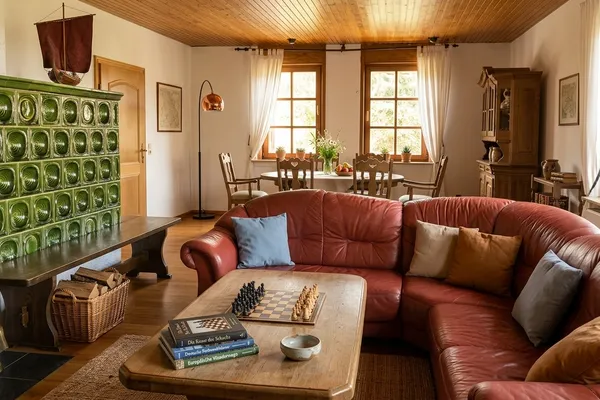 Gemütliches Wohnzimmer mit Kachelofen und Ledersofa