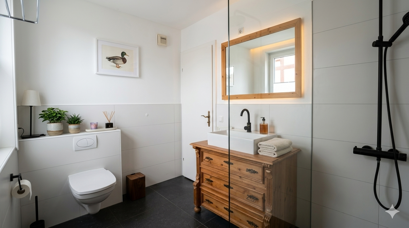 Modernes Badezimmer mit begehbarer Dusche und antikem Komoden-Waschtisch