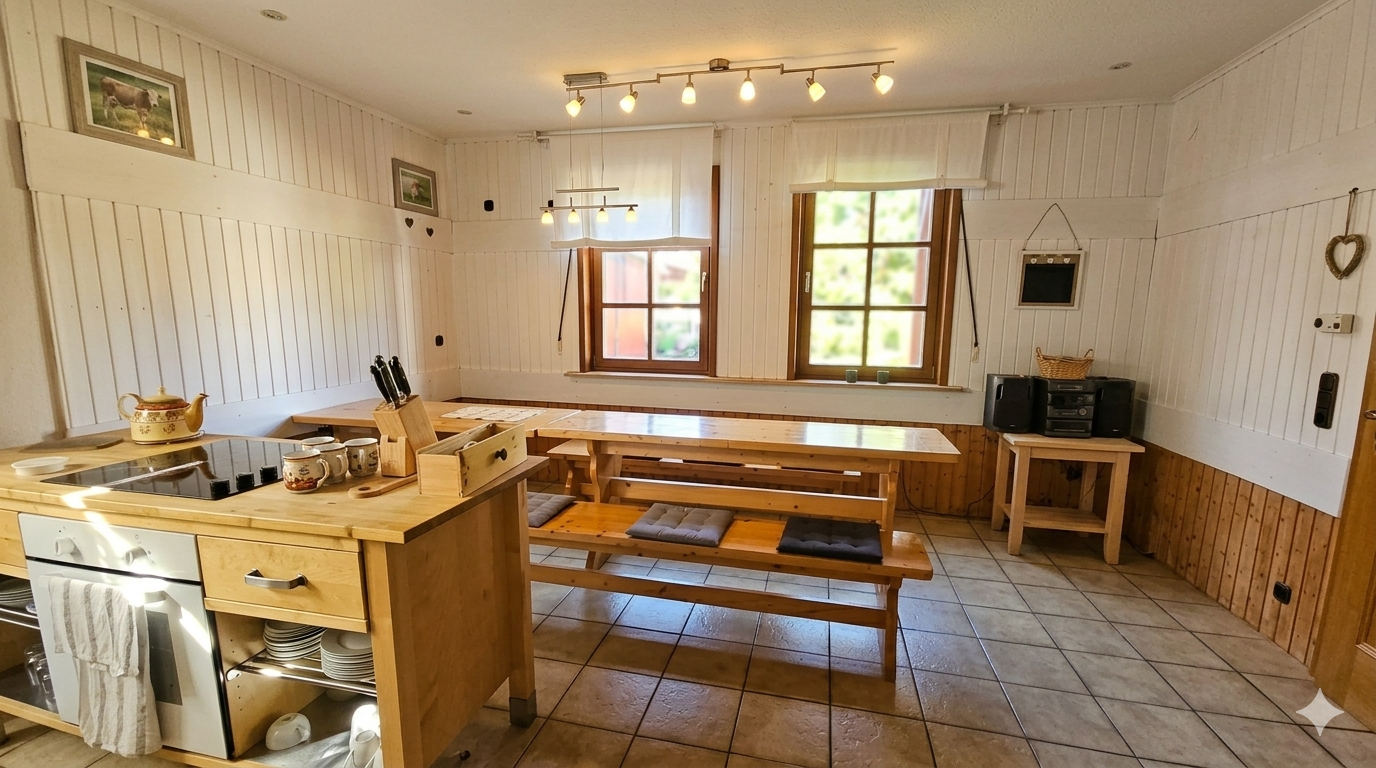 Geräumige Landhausküche mit großem Holztisch und Sitzbänken für gemeinsame Mahlzeiten