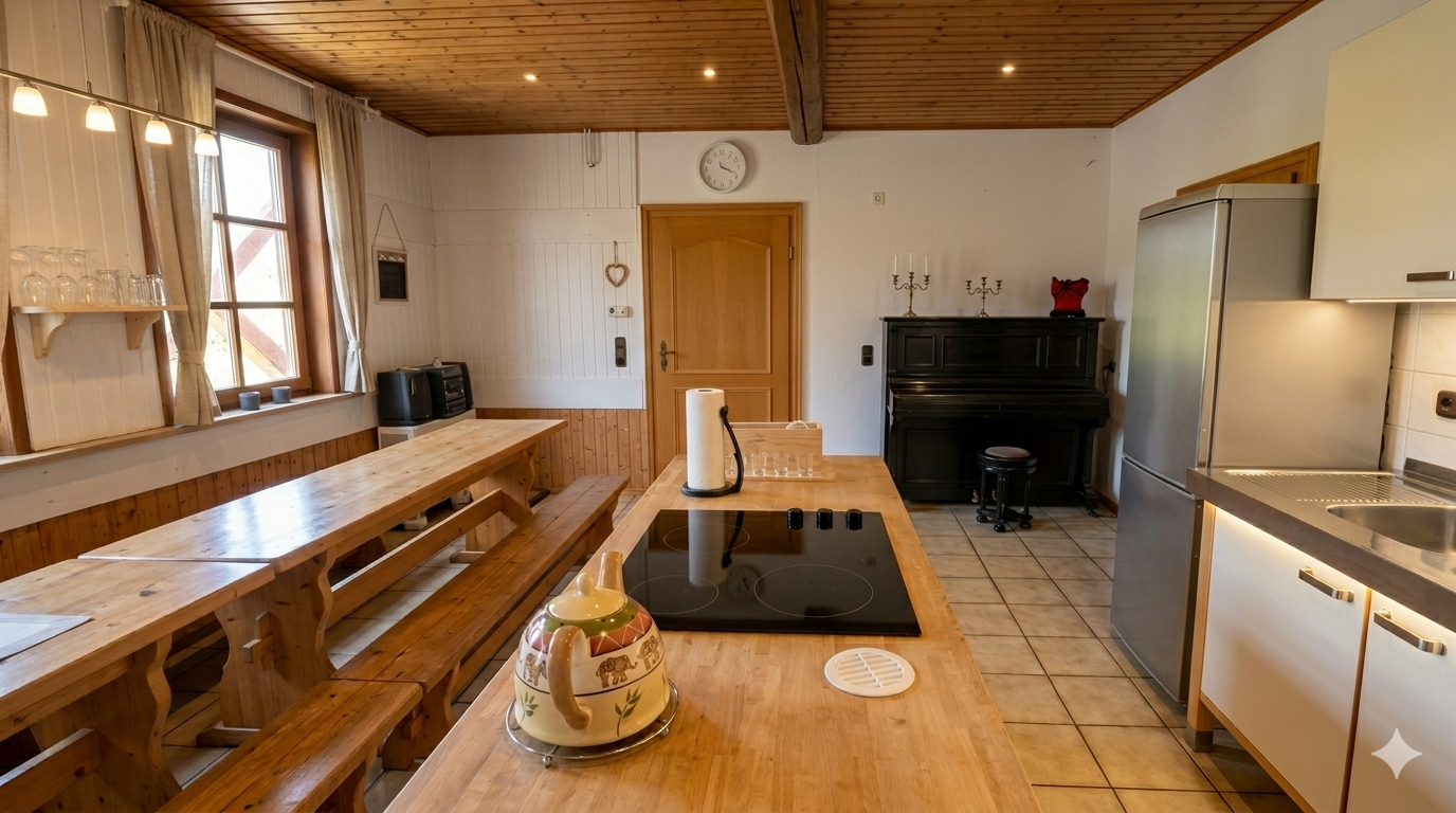 Landhausküche mit Induktionsherd, Holzarbeitsplatte und langer Tafel mit Sitzbänken