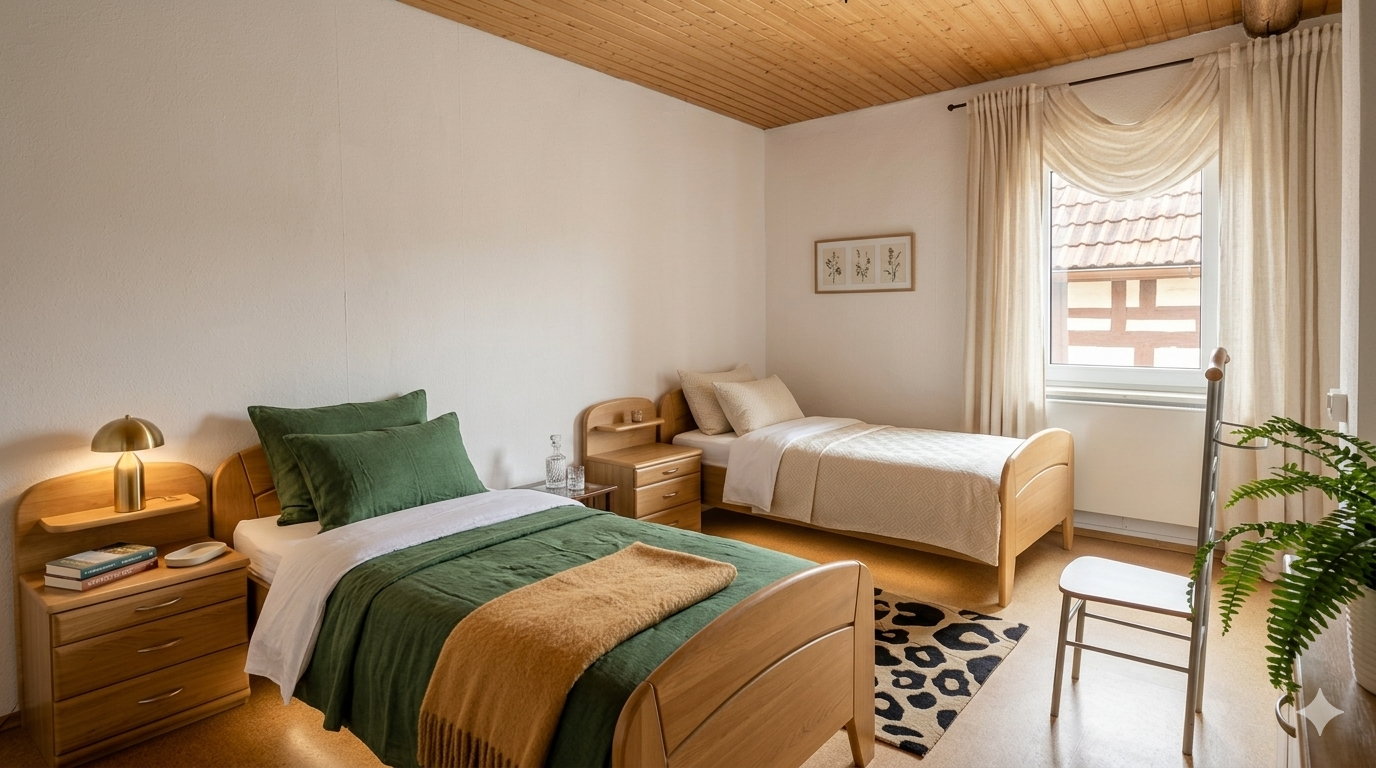 Zimmer 1 – Helles Schlafzimmer mit zwei Einzelbetten und Holzdecke