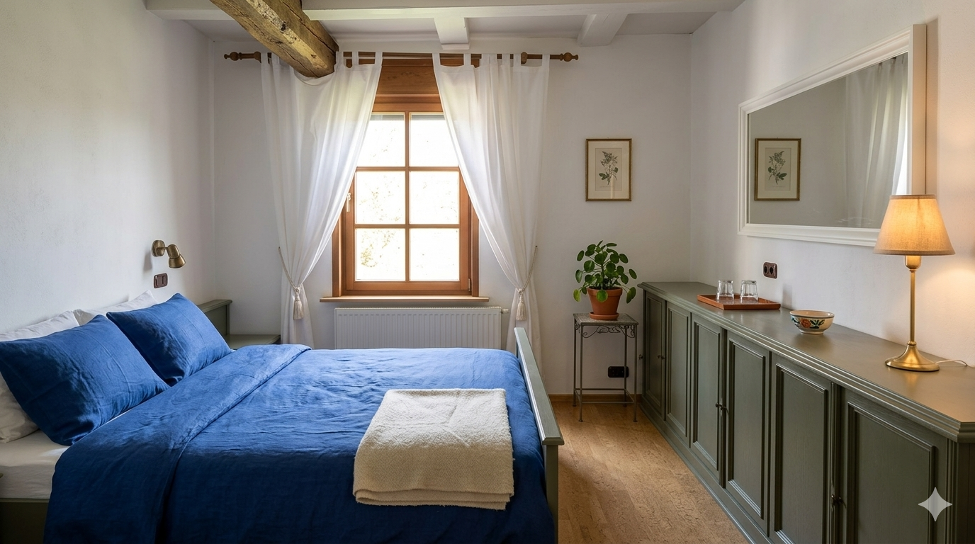 Zimmer 2 – Gemütliches Schlafzimmer mit Doppelbett und historischen Holzbalken