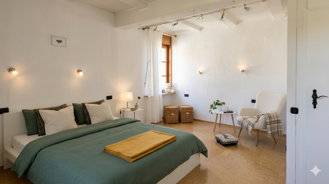 Zimmer 3 – Großzügiges Schlafzimmer mit Doppelbett und Sitzecke