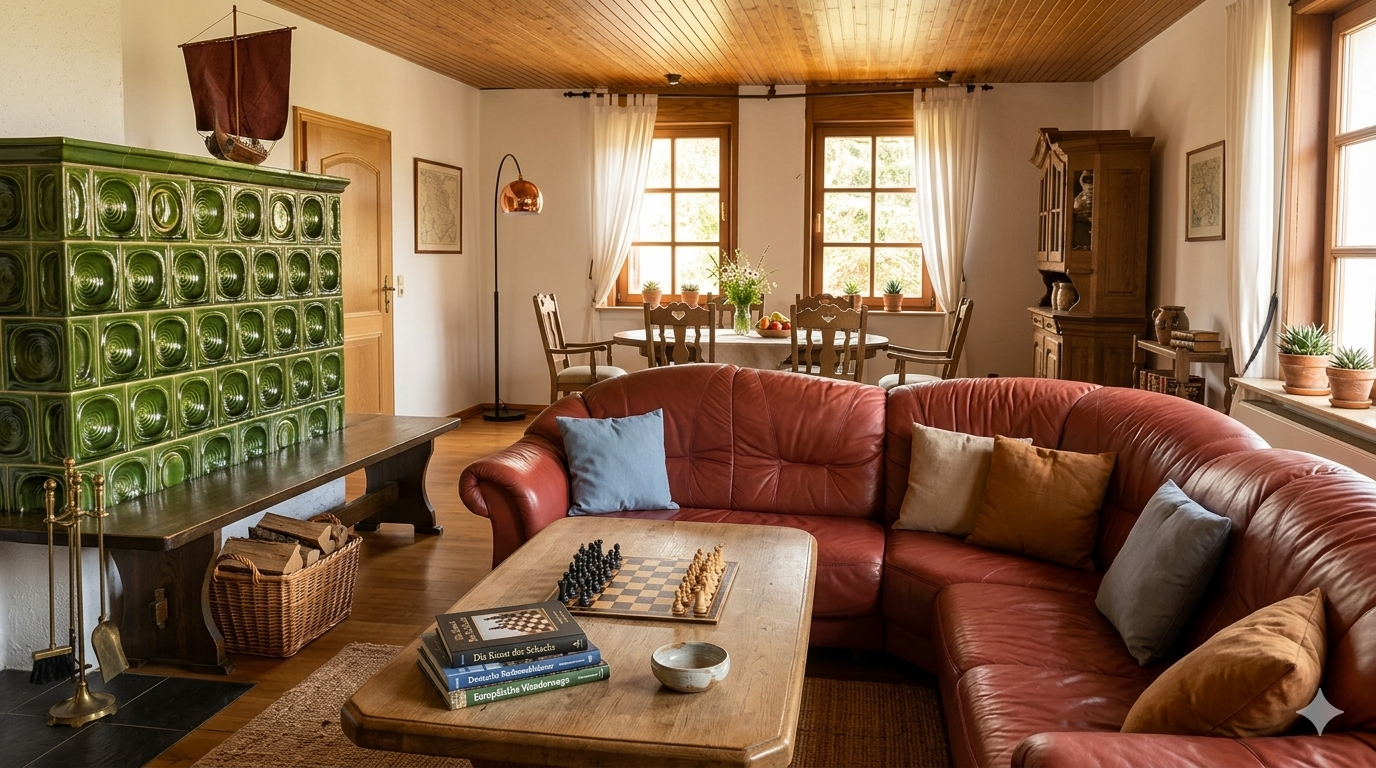 Gemütliches Wohnzimmer mit grünem Kachelofen und Ledersofa